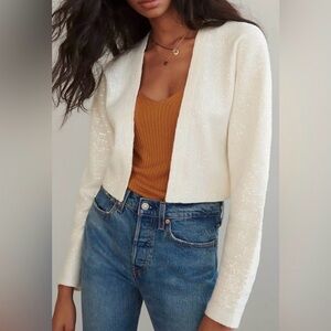Maeve Anthropologie Artemia Sequin Cardigan Cropped Open Front